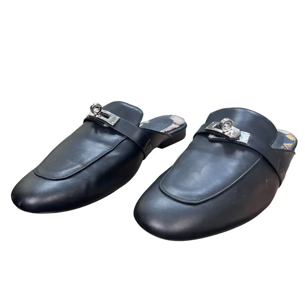 Hermes Oz Mules Black Leather Silver Kelly Buckle Slip On Mules Size 40 US 10